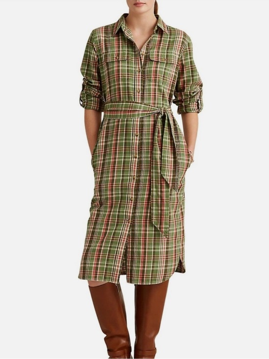 Ralph Lauren Dresses & Skirts - Ralph Lauren Green Plaid Midi Shirt Dress with Waist Tie size6